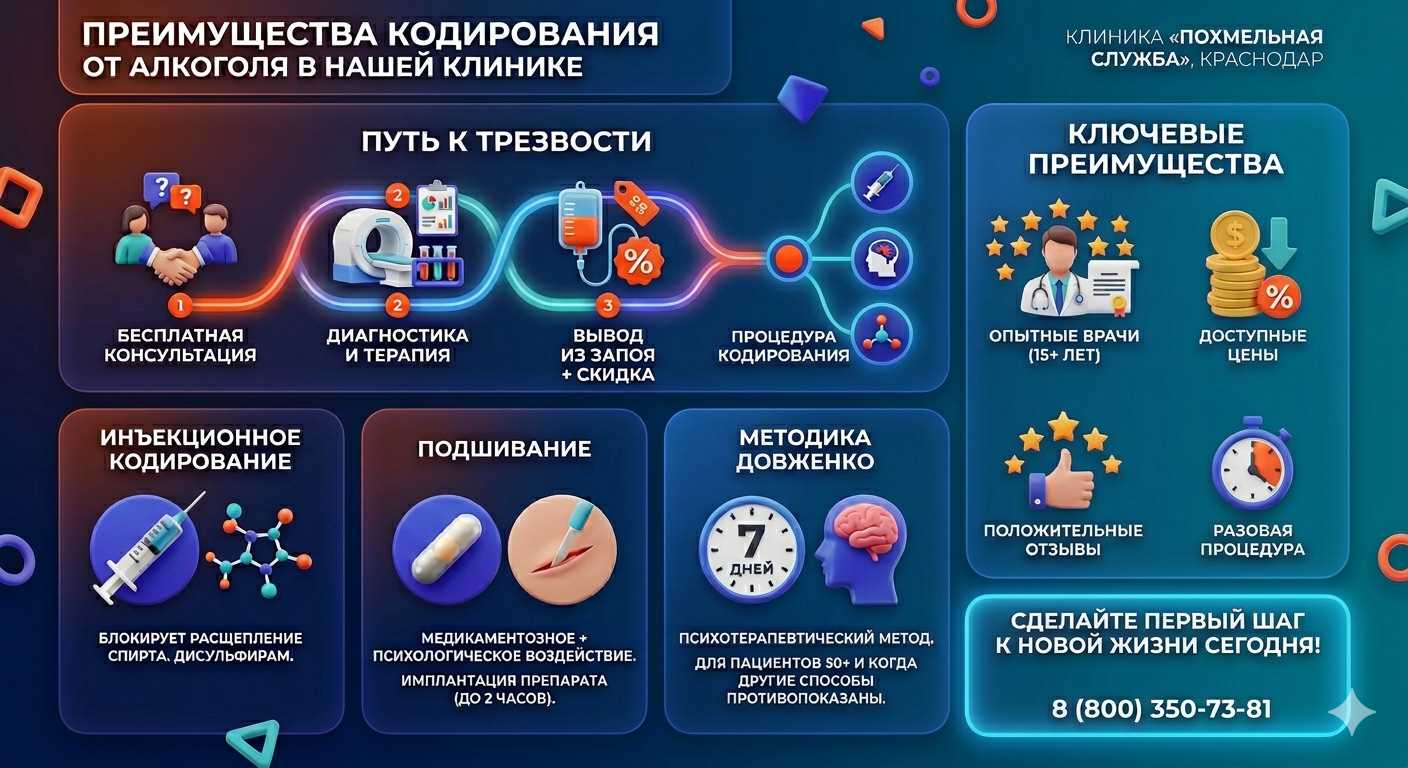 Инфографика о методах кодирования от алкоголя в Лыткарино: инъекции, подшивание, метод Довженко. Преимущества клиники и этапы лечения.